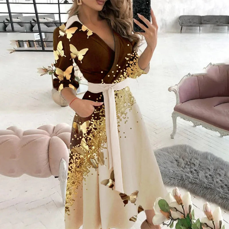 Luxencea™️ Golden Butterfly Belted Chic Dress