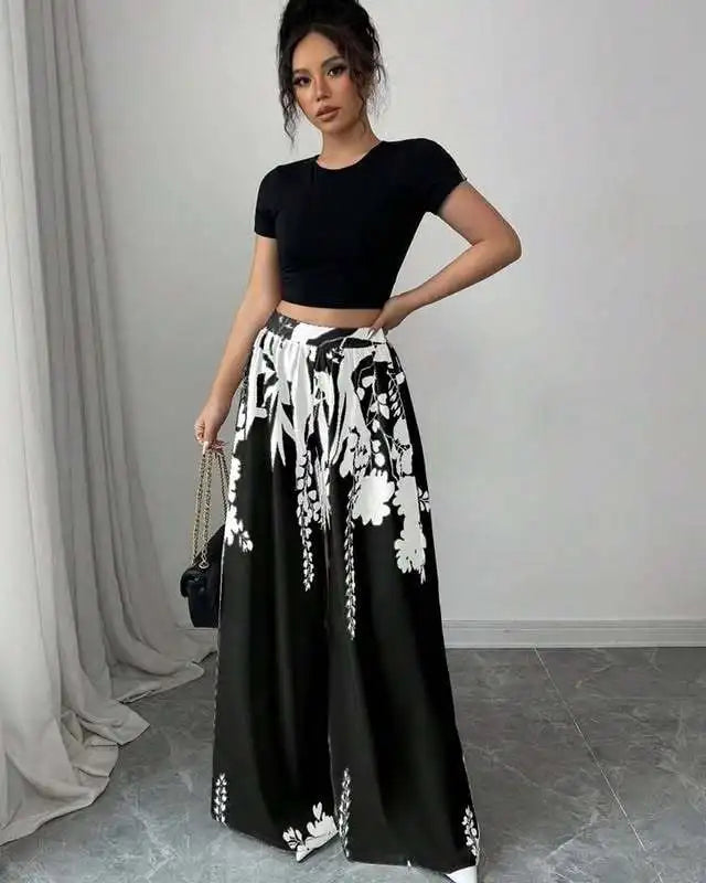 Luxencea™️ Elegant Black &amp; White Floral Wide-Leg Pants