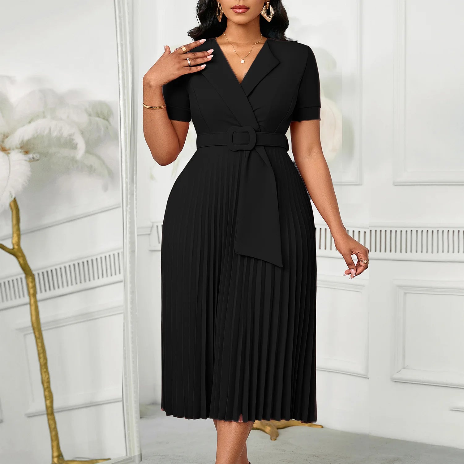 Luxencea™️ Pleated Belted Elegance Dress