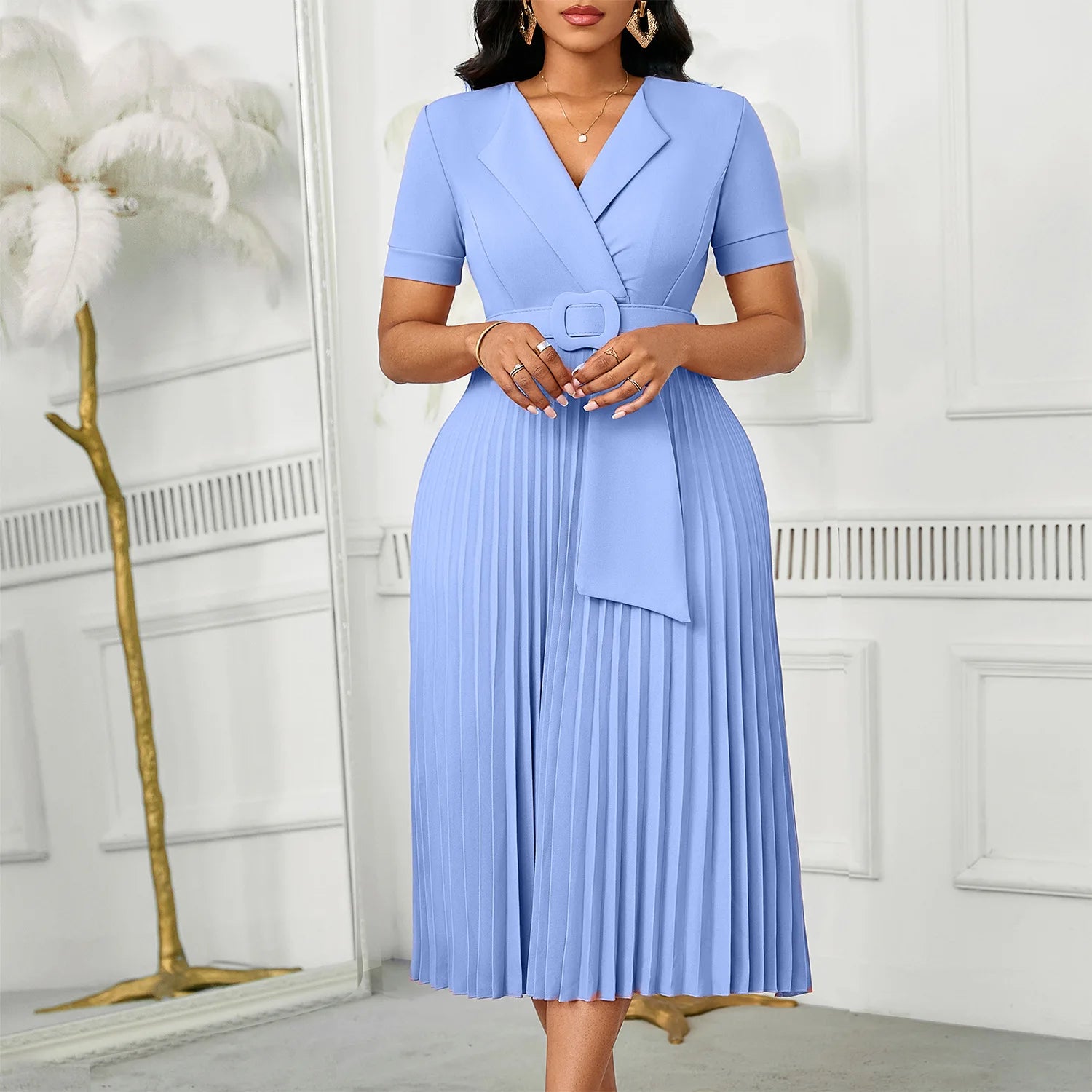 Luxencea™️ Pleated Belted Elegance Dress