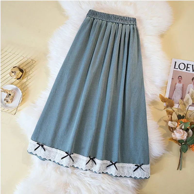 Luxencea™️ Gathered Waist Long Skirt with Lace &amp; Bows