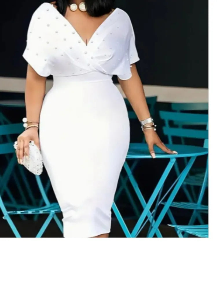 Luxencea™️ Elegant Pearl Detail Bodycon Dress