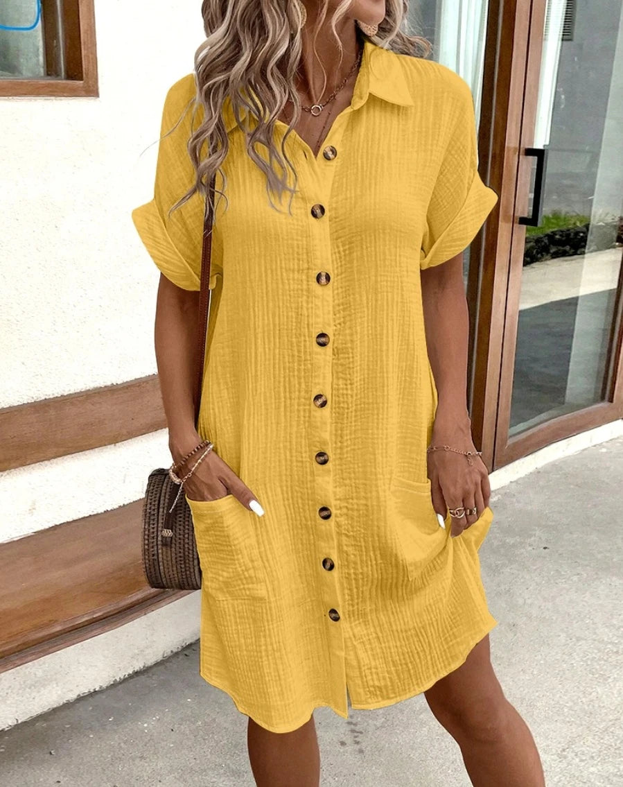 Luxencea™️ Casual Button Shirt Dress with Pockets