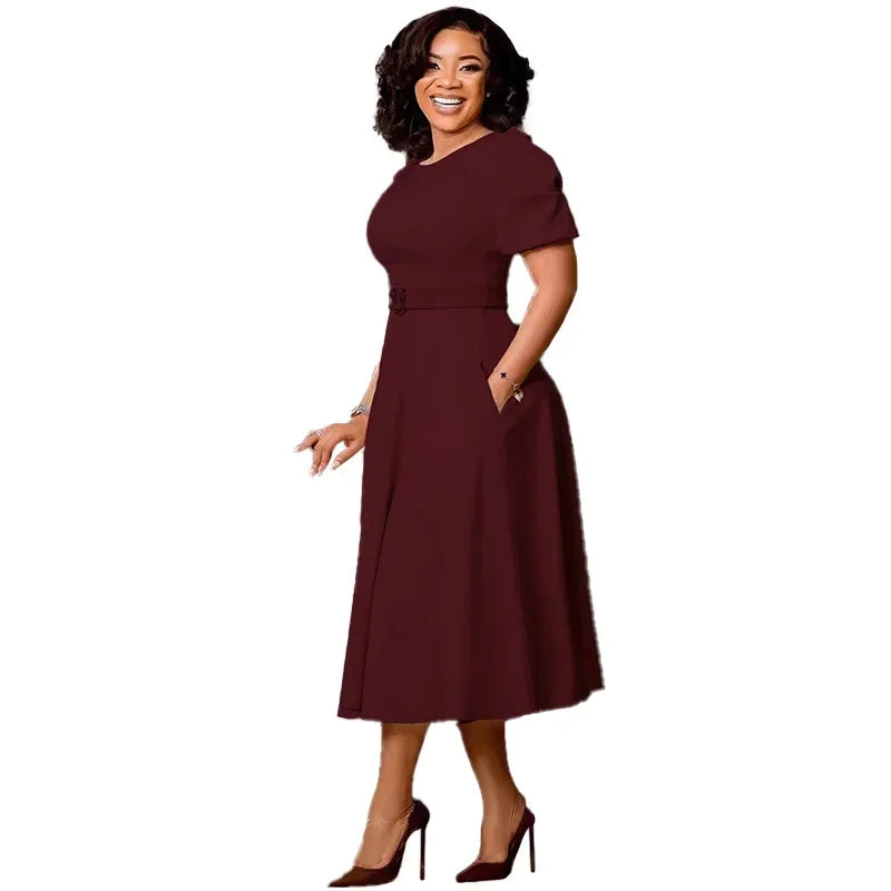 Luxencea™️ Elegant Midi Waist-Fitted Dress with Belt
