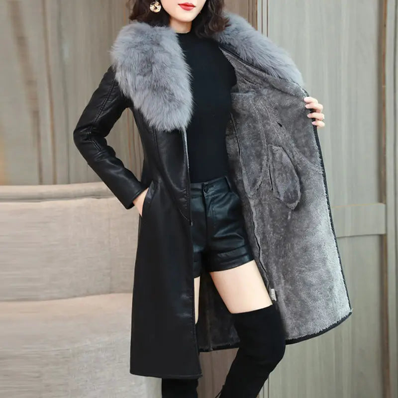 Luxencea™ PU Leather Fur Collar Mid-Length Winter Coat for Women