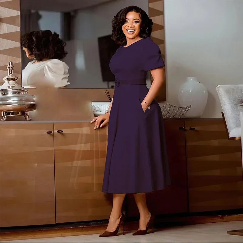Luxencea™️ Elegant Midi Waist-Fitted Dress with Belt