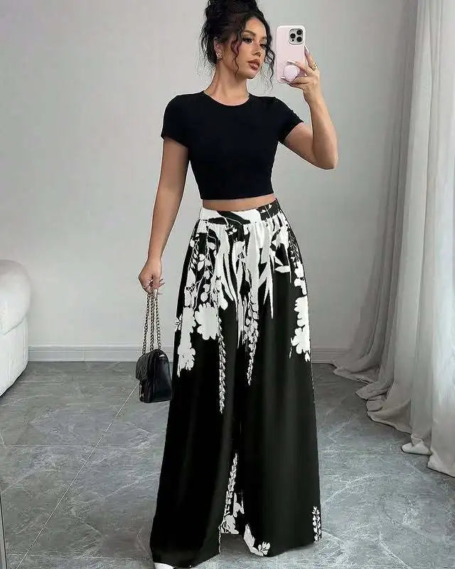 Luxencea™️ Elegant Black &amp; White Floral Wide-Leg Pants