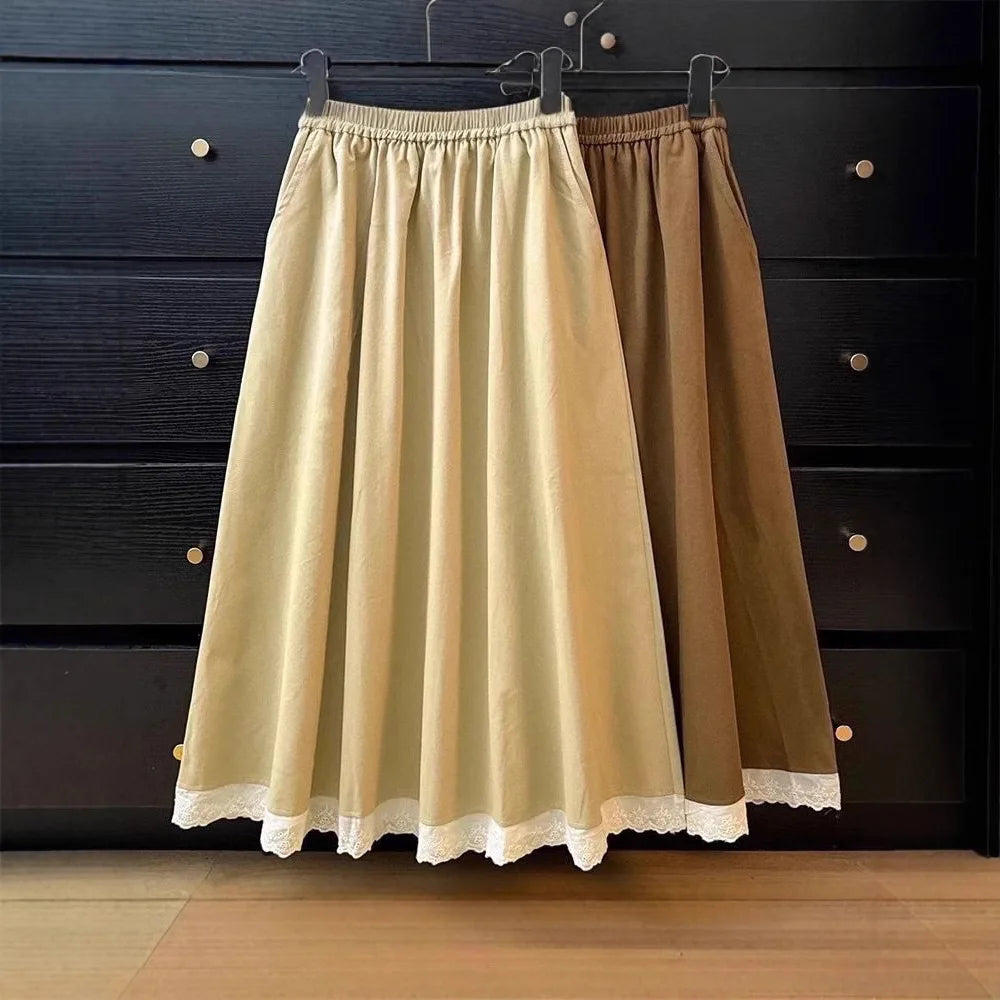 Luxencea™️ Soft Elegance Midi Skirt with Lace Hem