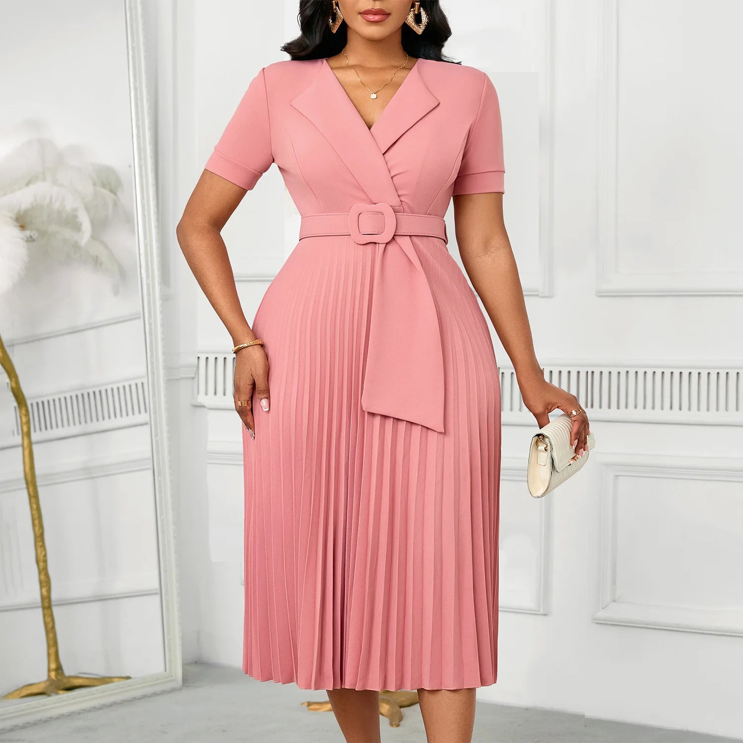 Luxencea™️ Pleated Belted Elegance Dress