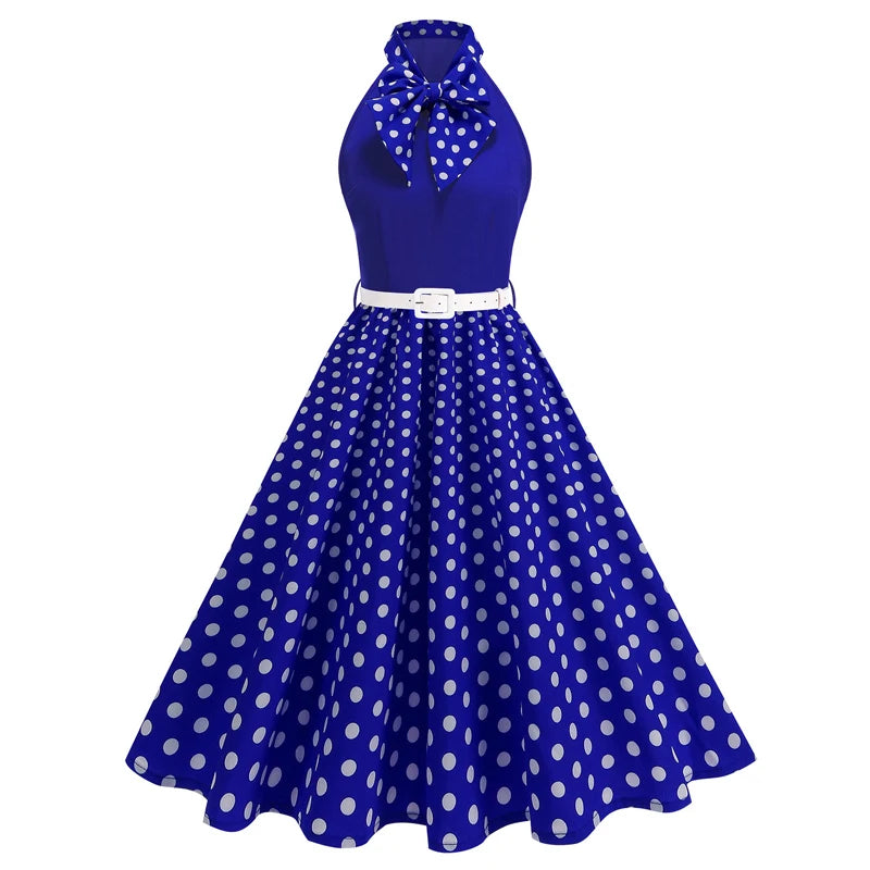 Luxencea™️ Elegant Vintage Halter Polka &amp; Floral Dress