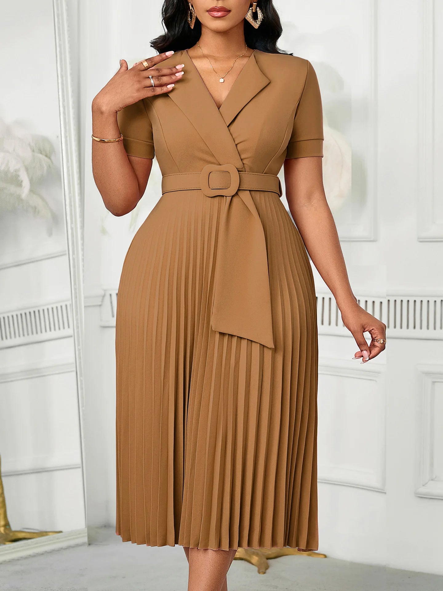 Luxencea™️ Pleated Belted Elegance Dress