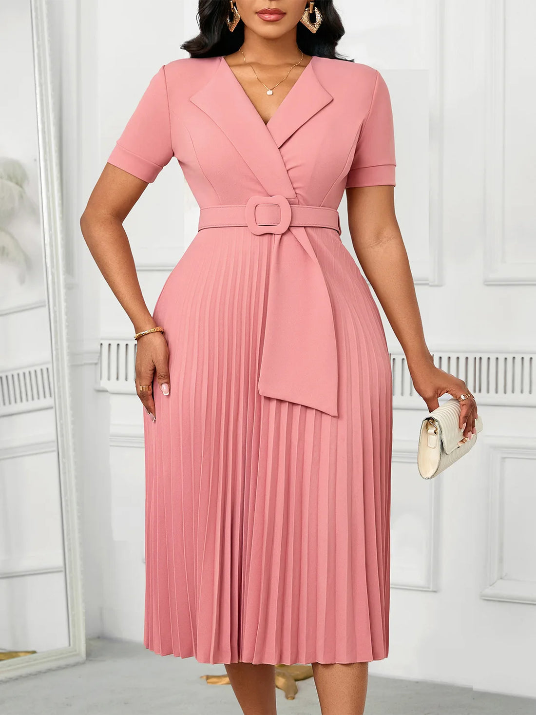 Luxencea™️ Pleated Belted Elegance Dress