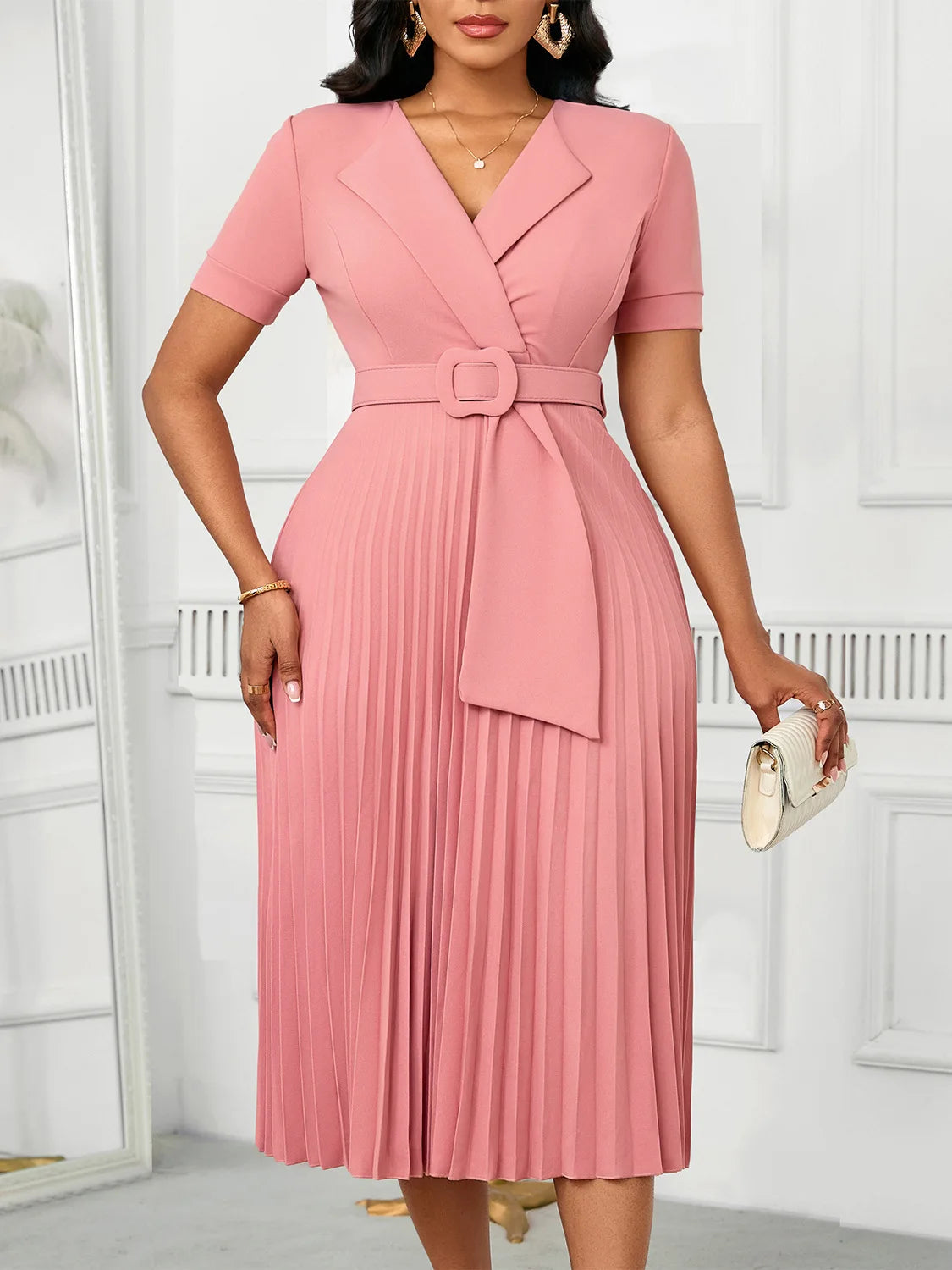 Luxencea™️ Pleated Belted Elegance Dress