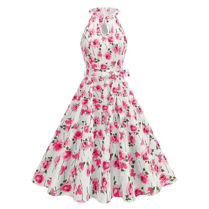 Luxencea™️ Elegant Vintage Halter Polka &amp; Floral Dress