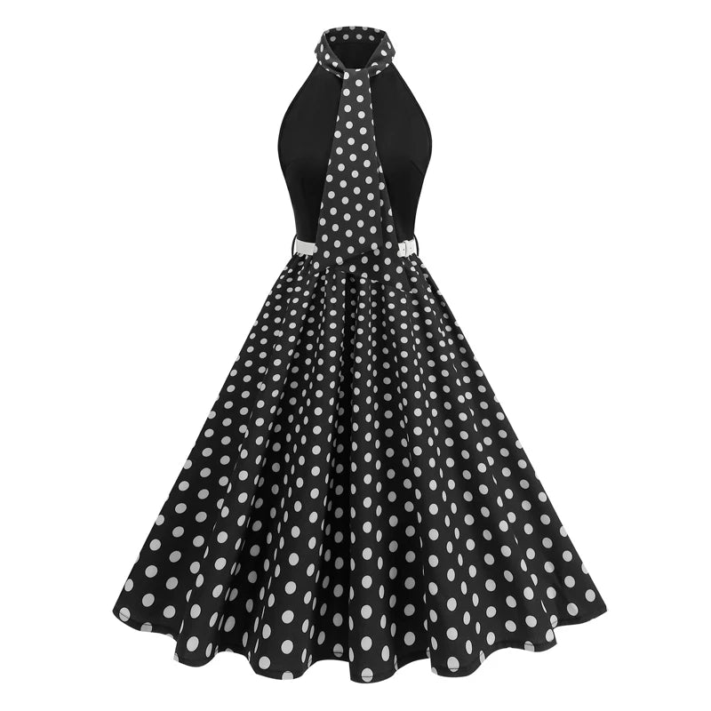 Luxencea™️ Elegant Vintage Halter Polka &amp; Floral Dress