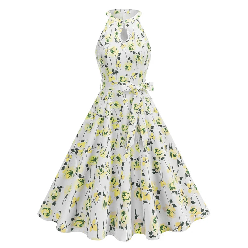 Luxencea™️ Elegant Vintage Halter Polka &amp; Floral Dress