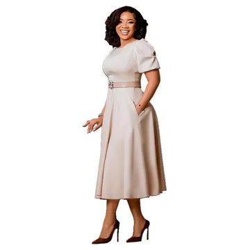 Luxencea™️ Elegant Midi Waist-Fitted Dress with Belt