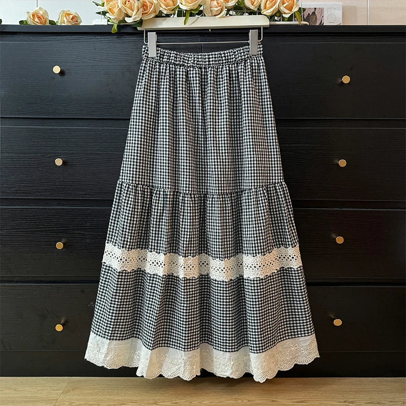 Luxencea™️ Elegant Gingham Lace Maxi Skirt