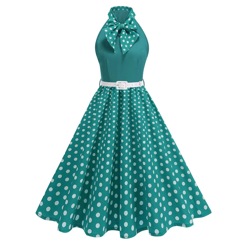 Luxencea™️ Elegant Vintage Halter Polka &amp; Floral Dress