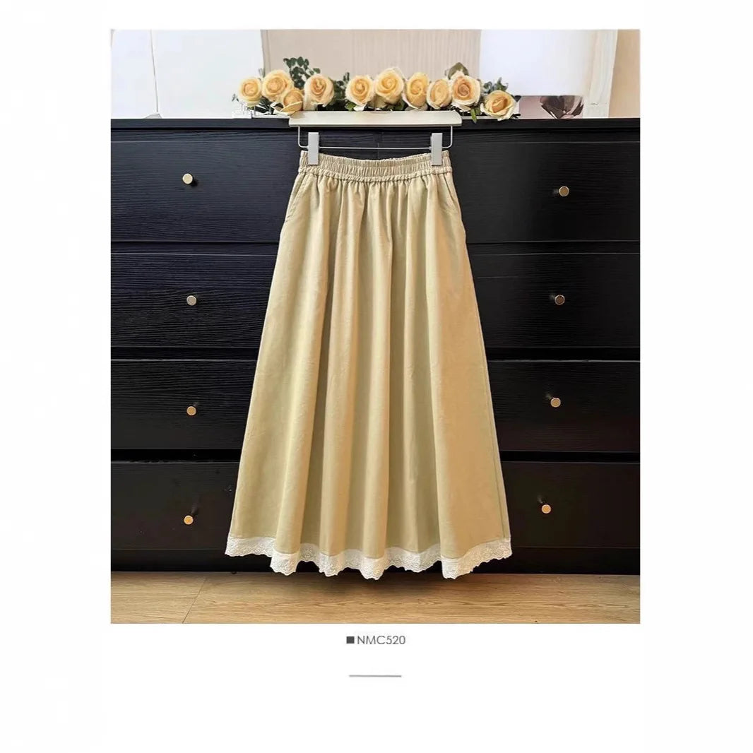 Luxencea™️ Soft Elegance Midi Skirt with Lace Hem