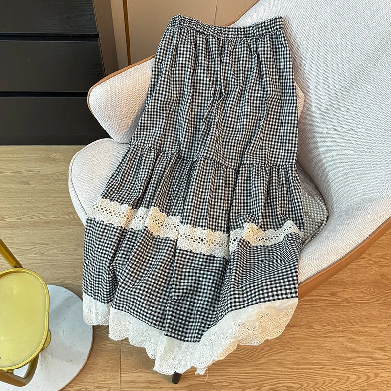 Luxencea™️ Elegant Gingham Lace Maxi Skirt