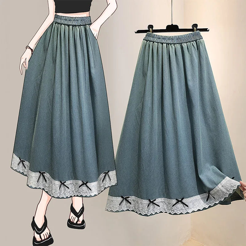 Luxencea™️ Gathered Waist Long Skirt with Lace &amp; Bows