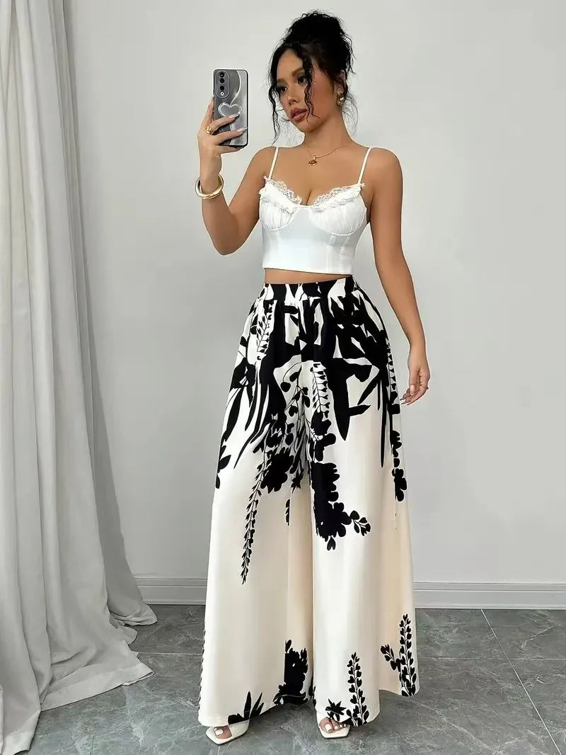 Luxencea™️ Elegant Black &amp; White Floral Wide-Leg Pants
