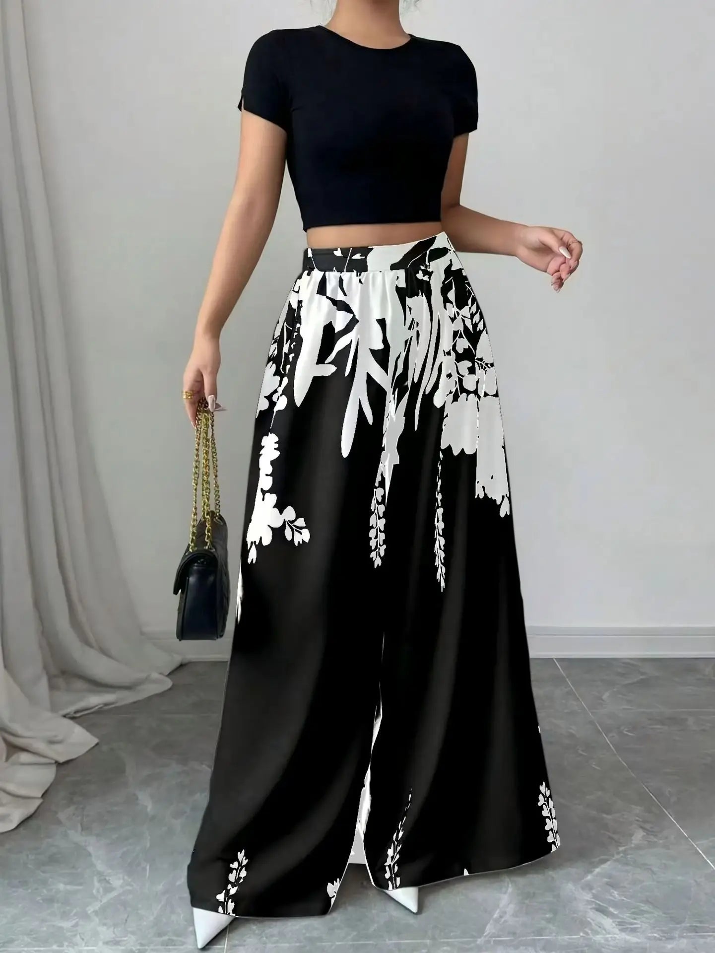 Luxencea™️ Elegant Black &amp; White Floral Wide-Leg Pants