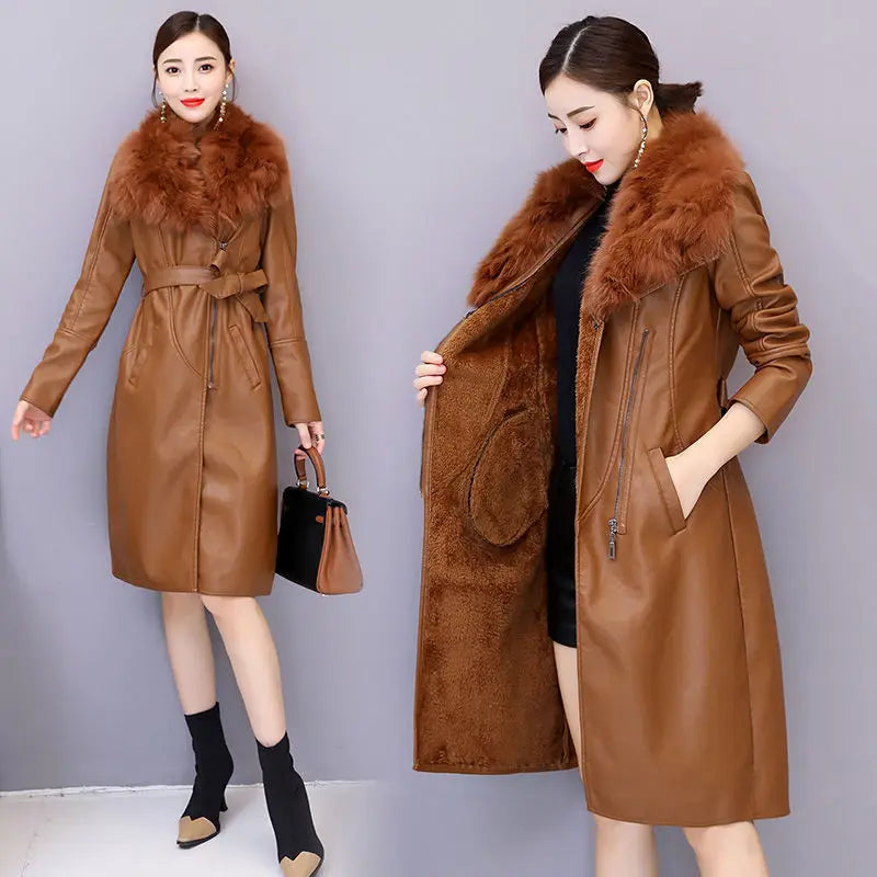 Luxencea™ PU Leather Fur Collar Mid-Length Winter Coat for Women