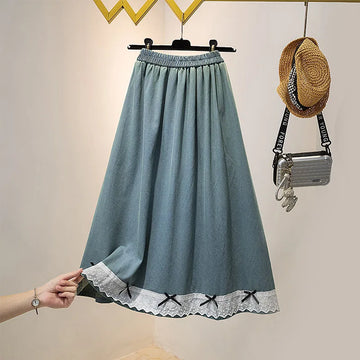 Luxencea™️ Gathered Waist Long Skirt with Lace &amp; Bows