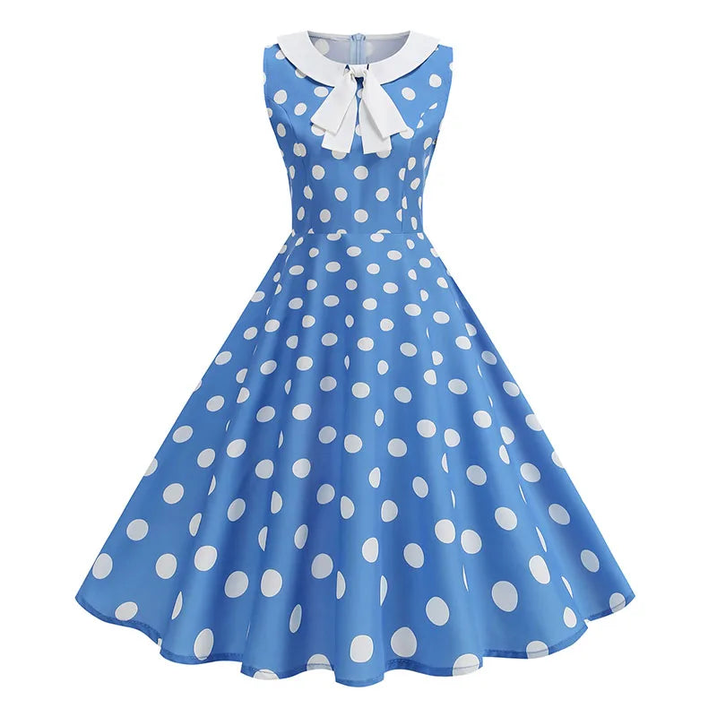 Luxencea™️ Blue Polka Dot Vintage Elegance Dress