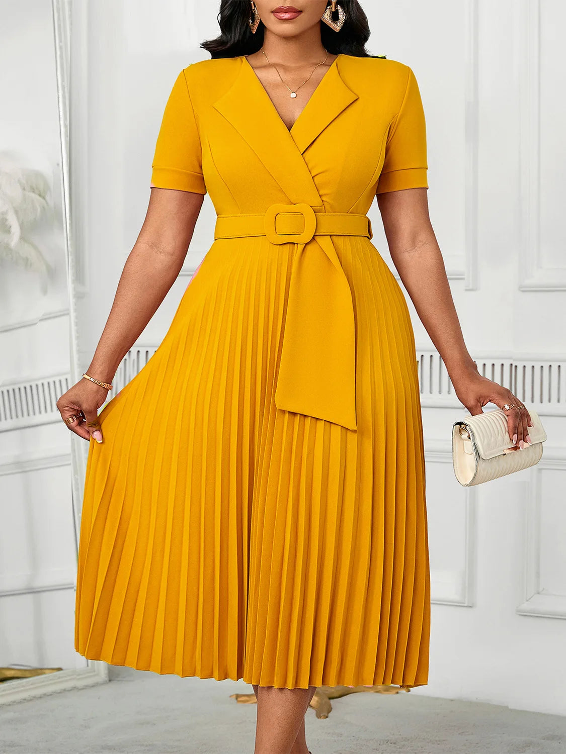 Luxencea™️ Pleated Belted Elegance Dress
