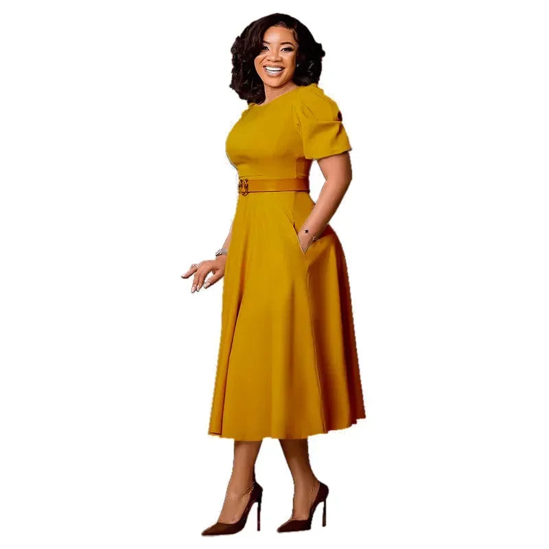 Luxencea™️ Elegant Midi Waist-Fitted Dress with Belt