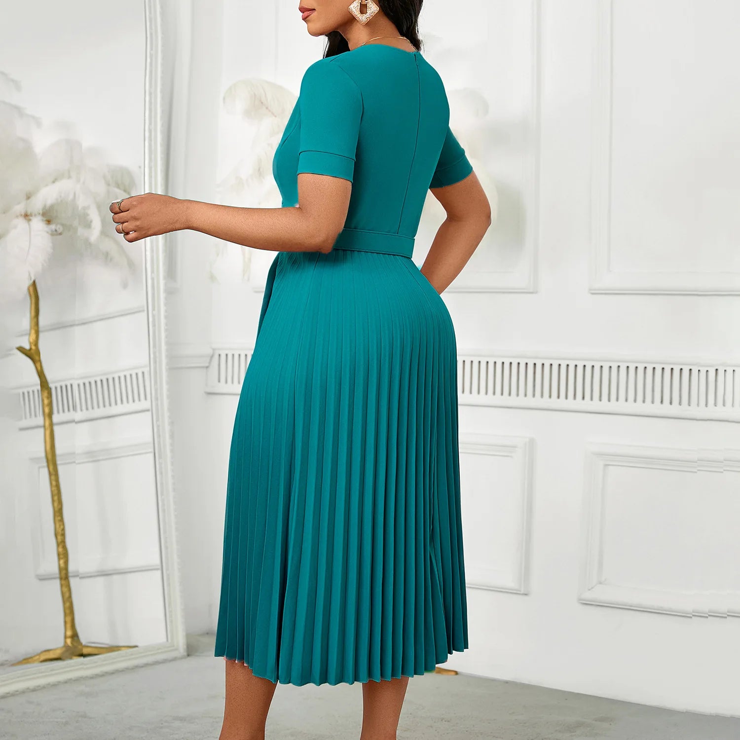 Luxencea™️ Pleated Belted Elegance Dress