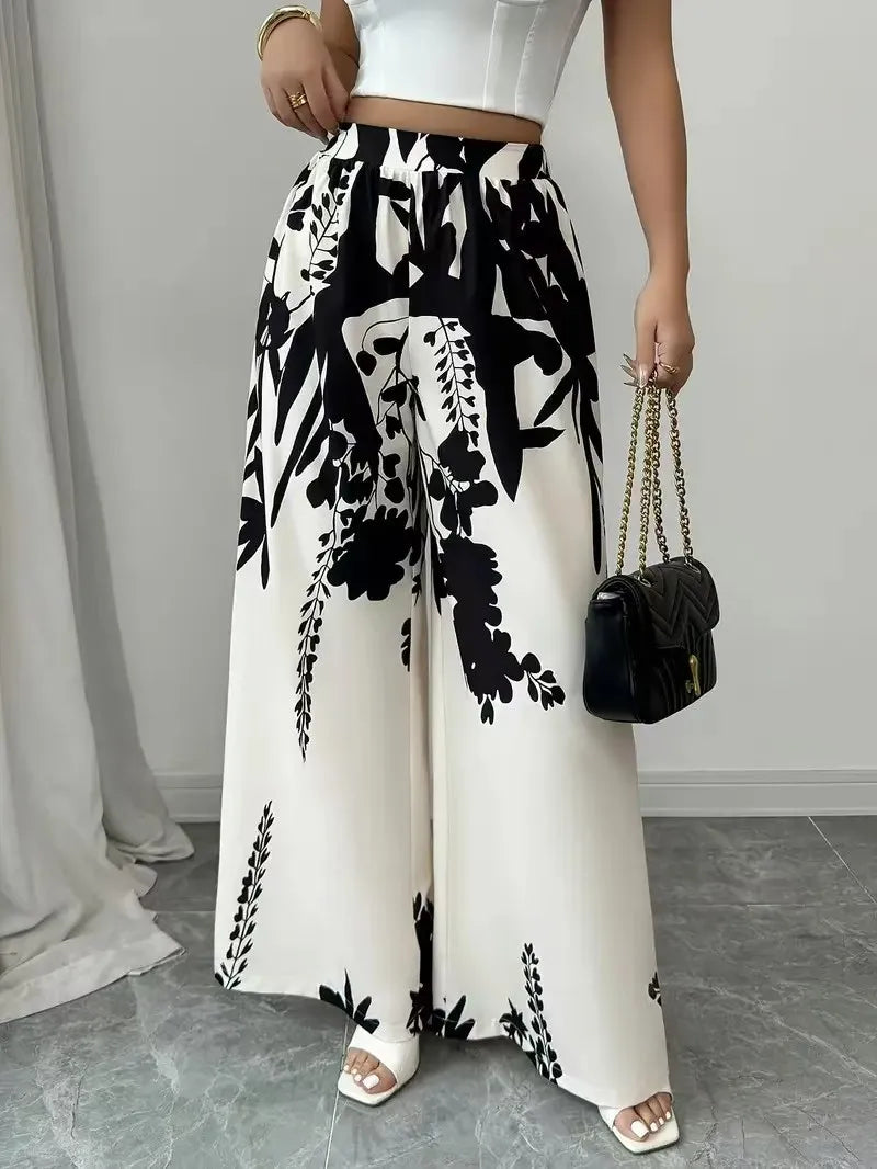 Luxencea™️ Elegant Black &amp; White Floral Wide-Leg Pants