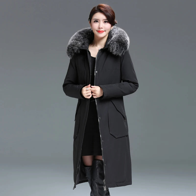 Luxencea™ Elegant Long Down Coat with Fox Fur Collar
