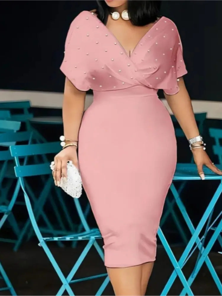 Luxencea™️ Elegant Pearl Detail Bodycon Dress