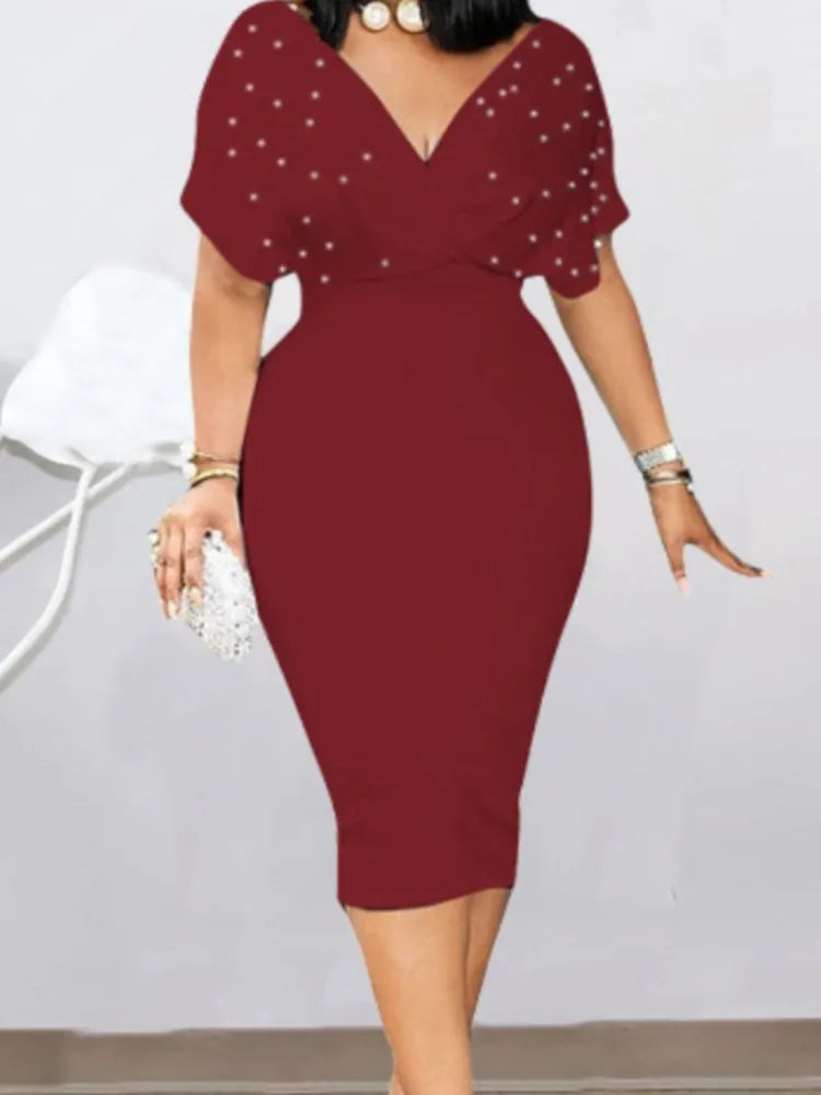 Luxencea™️ Elegant Pearl Detail Bodycon Dress