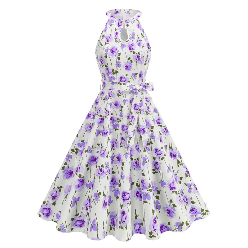 Luxencea™️ Elegant Vintage Halter Polka &amp; Floral Dress