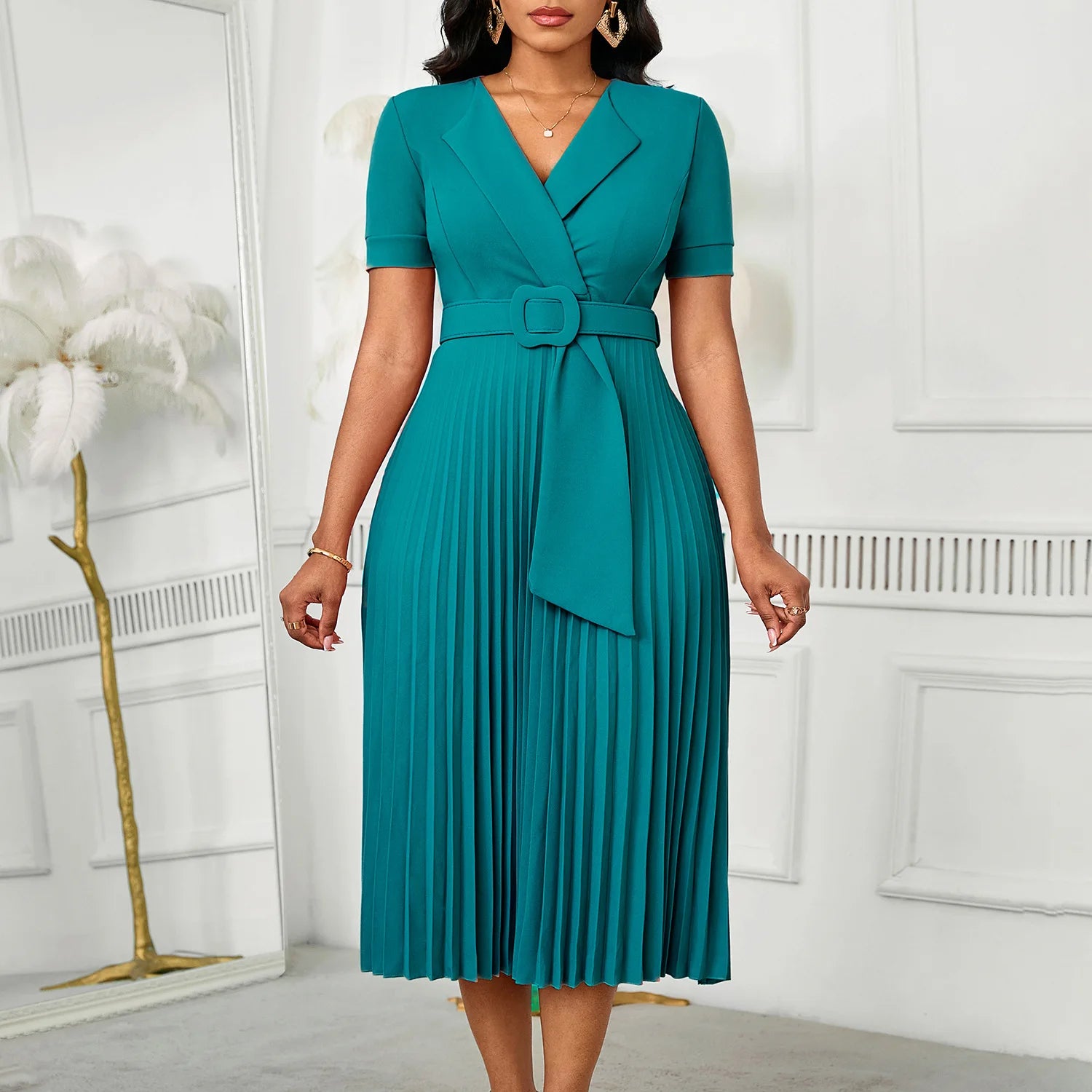 Luxencea™️ Pleated Belted Elegance Dress