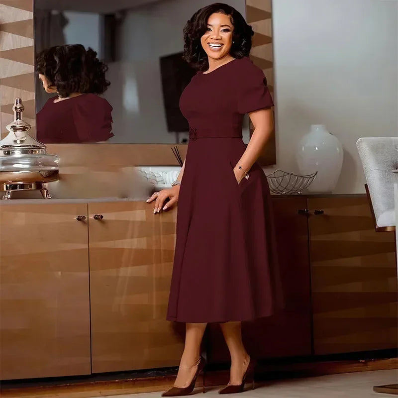 Luxencea™️ Elegant Midi Waist-Fitted Dress with Belt