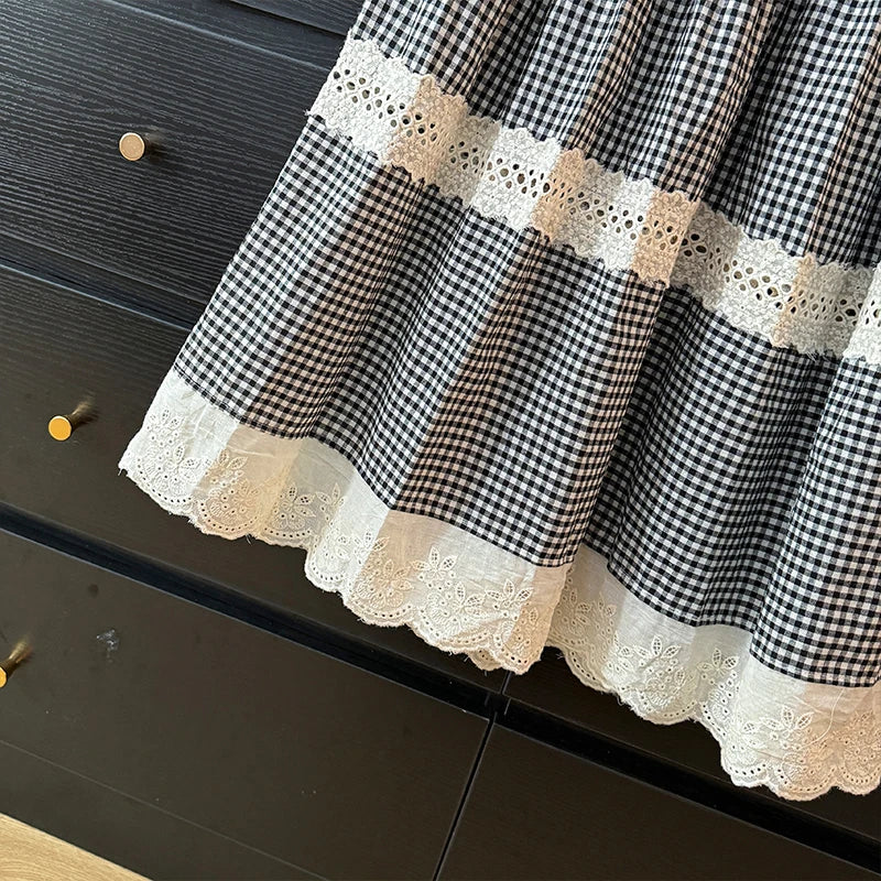 Luxencea™️ Elegant Gingham Lace Maxi Skirt