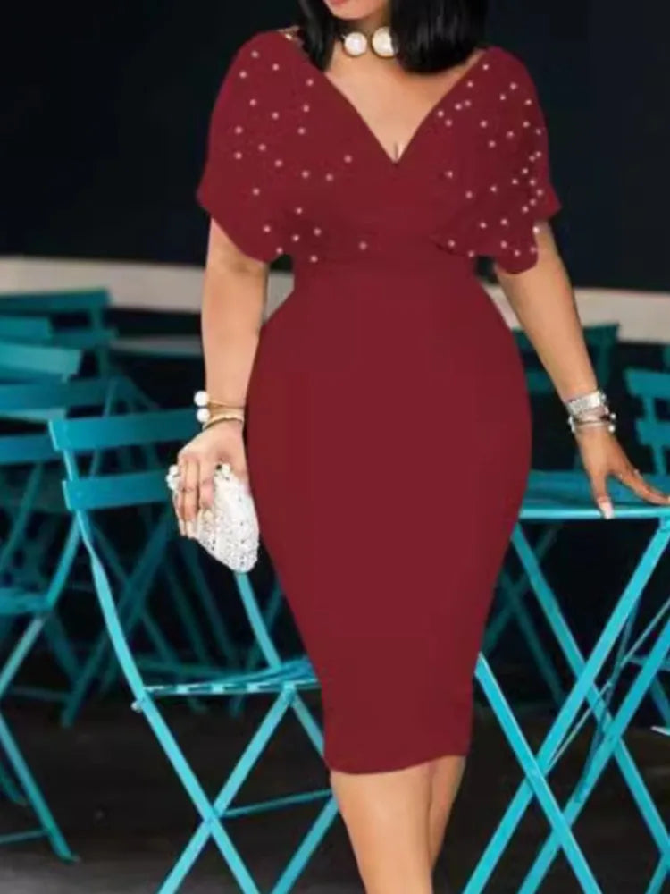 Luxencea™️ Elegant Pearl Detail Bodycon Dress