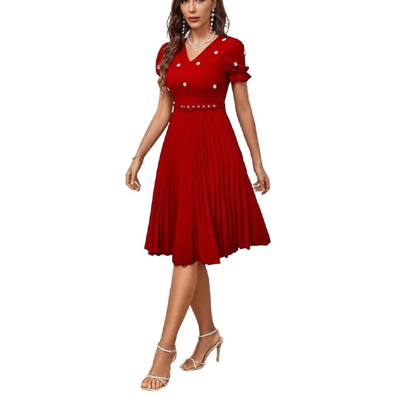 Luxencea™️ Elegant Red Pleated Dress