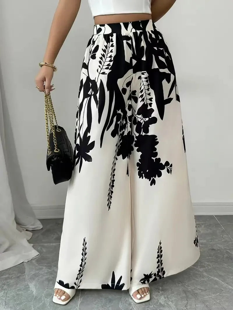 Luxencea™️ Elegant Black &amp; White Floral Wide-Leg Pants