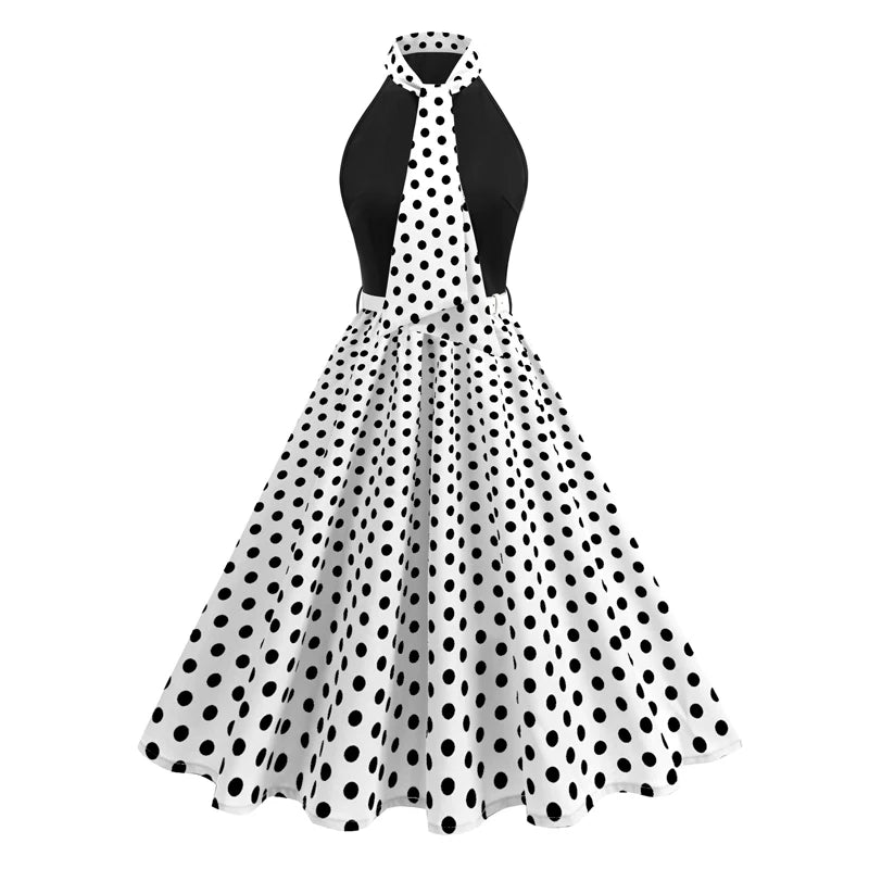 Luxencea™️ Elegant Vintage Halter Polka &amp; Floral Dress