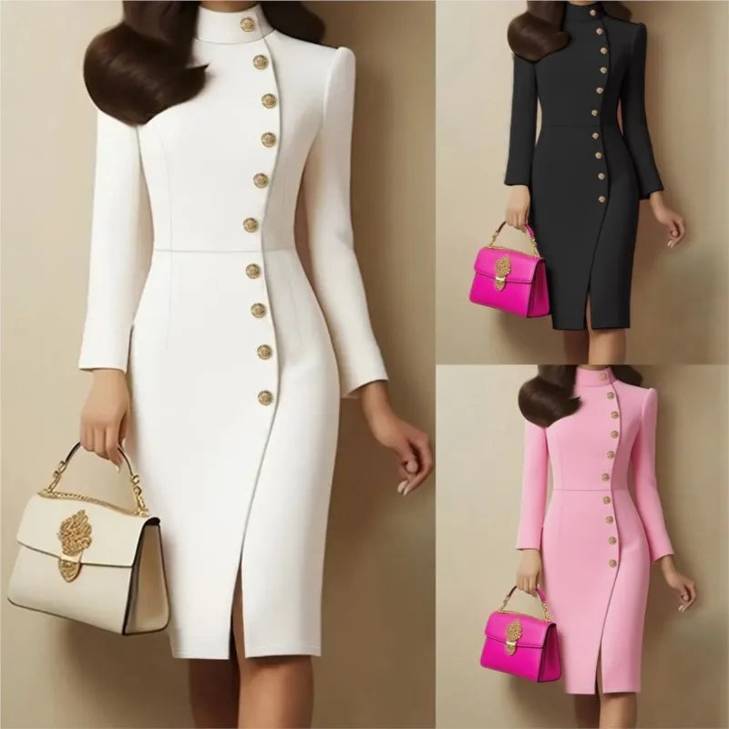 Luxencea™ Elegant Metal Buckle Split Midi Dress