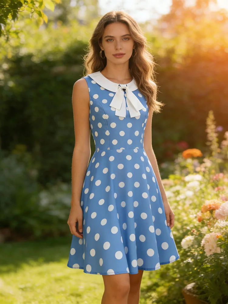 Luxencea™️ Blue Polka Dot Vintage Elegance Dress