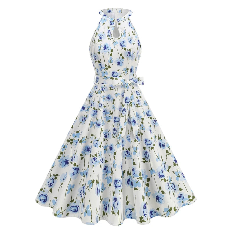 Luxencea™️ Elegant Vintage Halter Polka &amp; Floral Dress