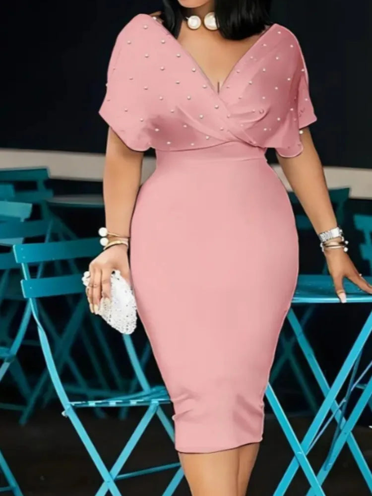 Luxencea™️ Elegant Pearl Detail Bodycon Dress